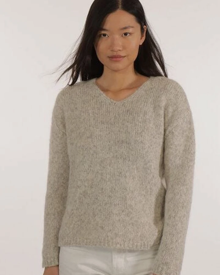 Les Racines Du Ciel Alpaka Pullover - Ecume V Neck Sweater - aus Bio-Baumwolle und Alpakawolle