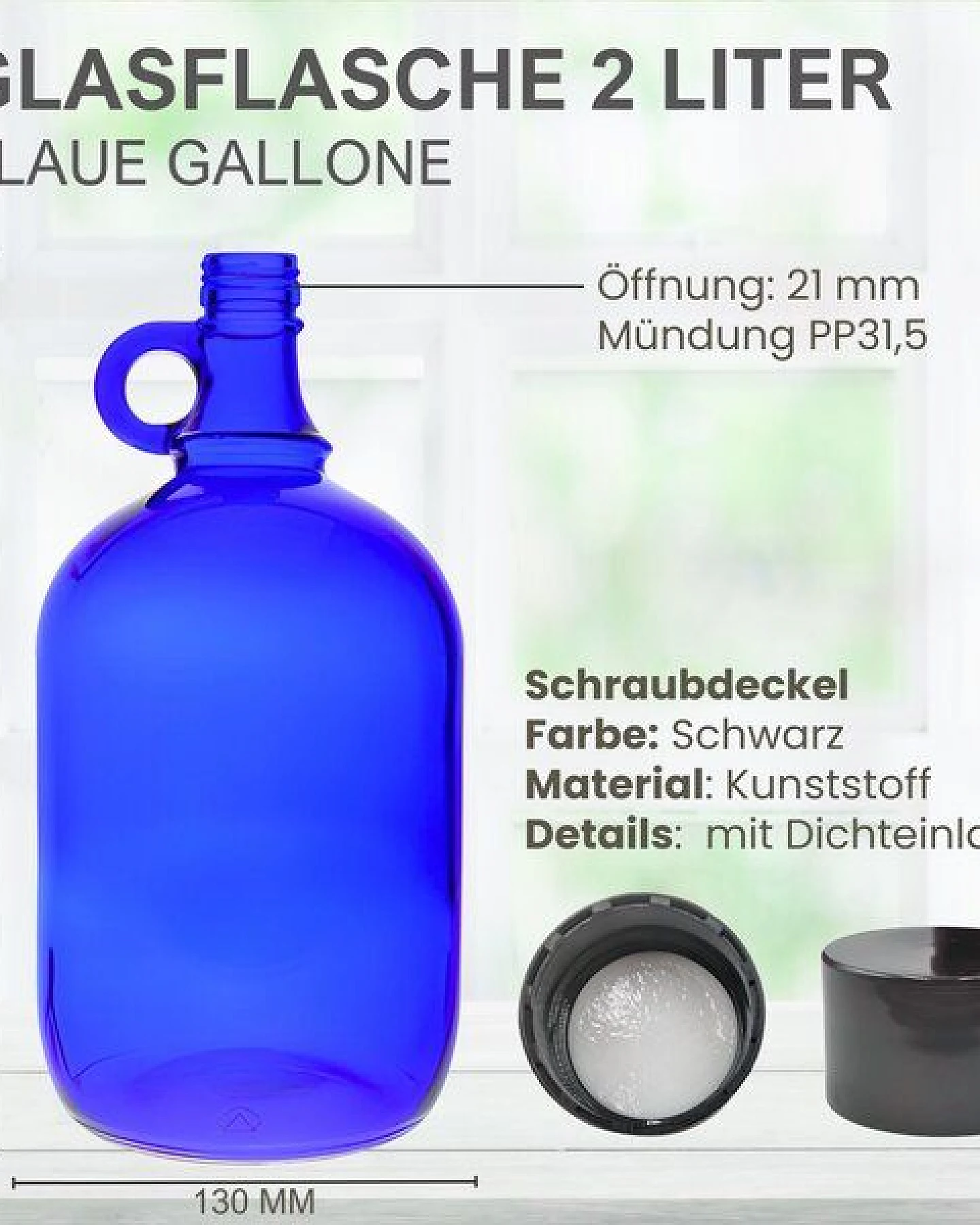 mikken Große blaue Gallone 2 Liter Glasflasche / Wasserflasche mit Deckel – Ansicht 2