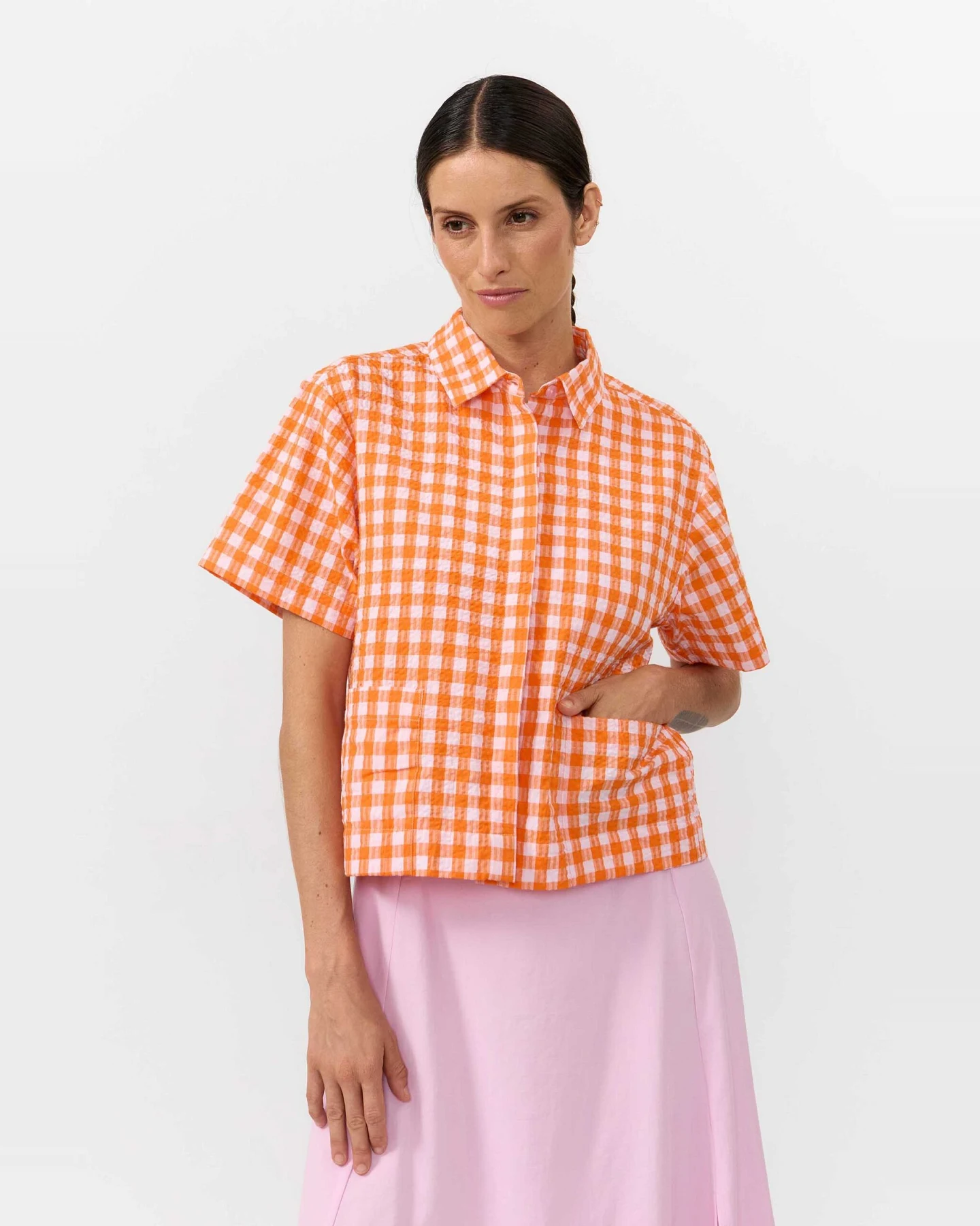 SUITE13LAB Damen vegan Hemd Eder Karo Orange – Ansicht 2