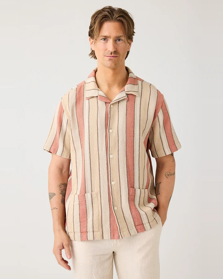 KnowledgeCotton Apparel Herren vegan Hemd Kurzarm Gestreift Rot