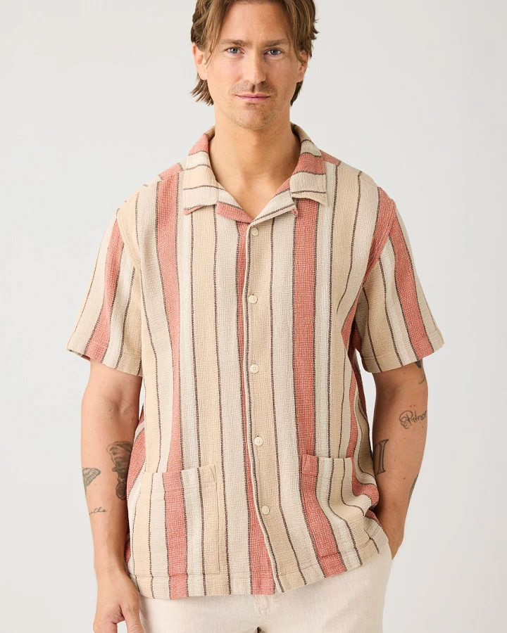 KnowledgeCotton Apparel Herren vegan Hemd Kurzarm Gestreift Rot