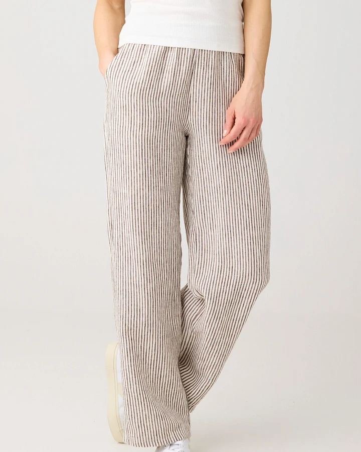 KnowledgeCotton Apparel Damen vegan Hose Posey Wide Leinen Dunkelbraun Gestreift