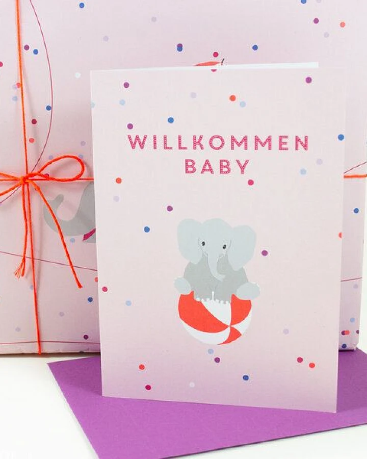 Bow & Hummingbird Grußkarte Willkommen Baby (Elefant)