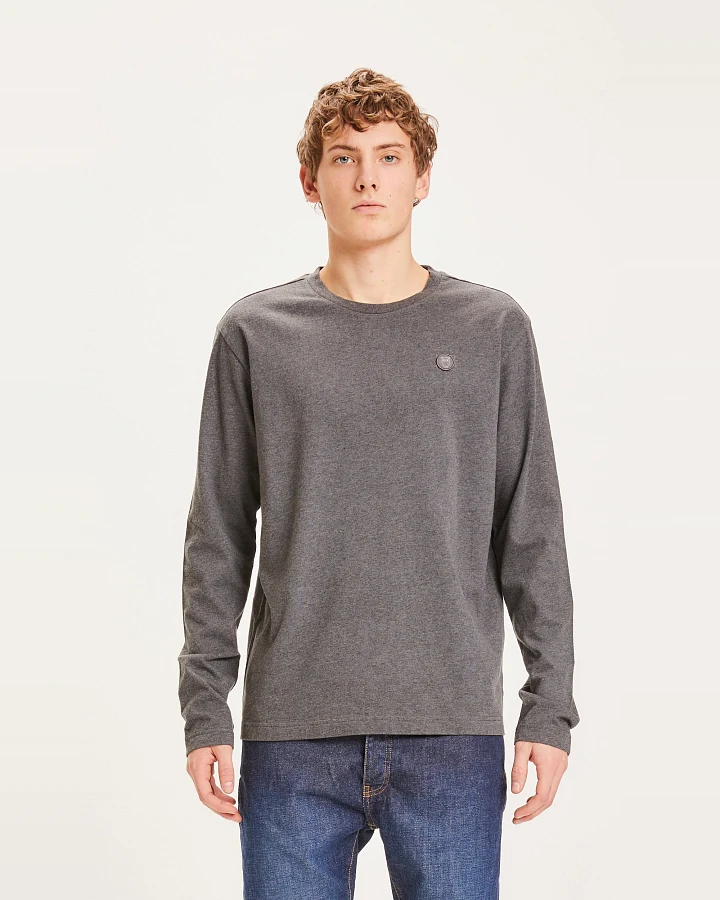KnowledgeCotton Apparel Herren vegan Langärmeliges Abzeichen Dunkelgrau Melange