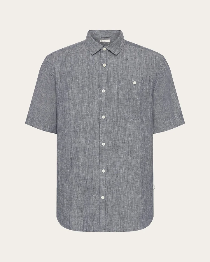 KnowledgeCotton Apparel Herren vegan Kurzarmhemd Custom Fit Vintage Indigo