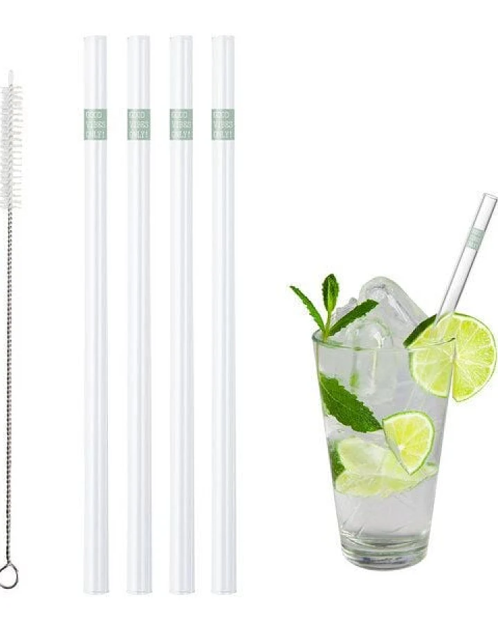Contento Glastrinkhalm 21 cm lang, 4 Stück , "GOOD VIBES ONLY", mit Bürste