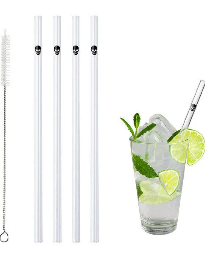 Contento Glastrinkhalm 21 cm lang, 4 Stück , Totenkopf, mit Bürste