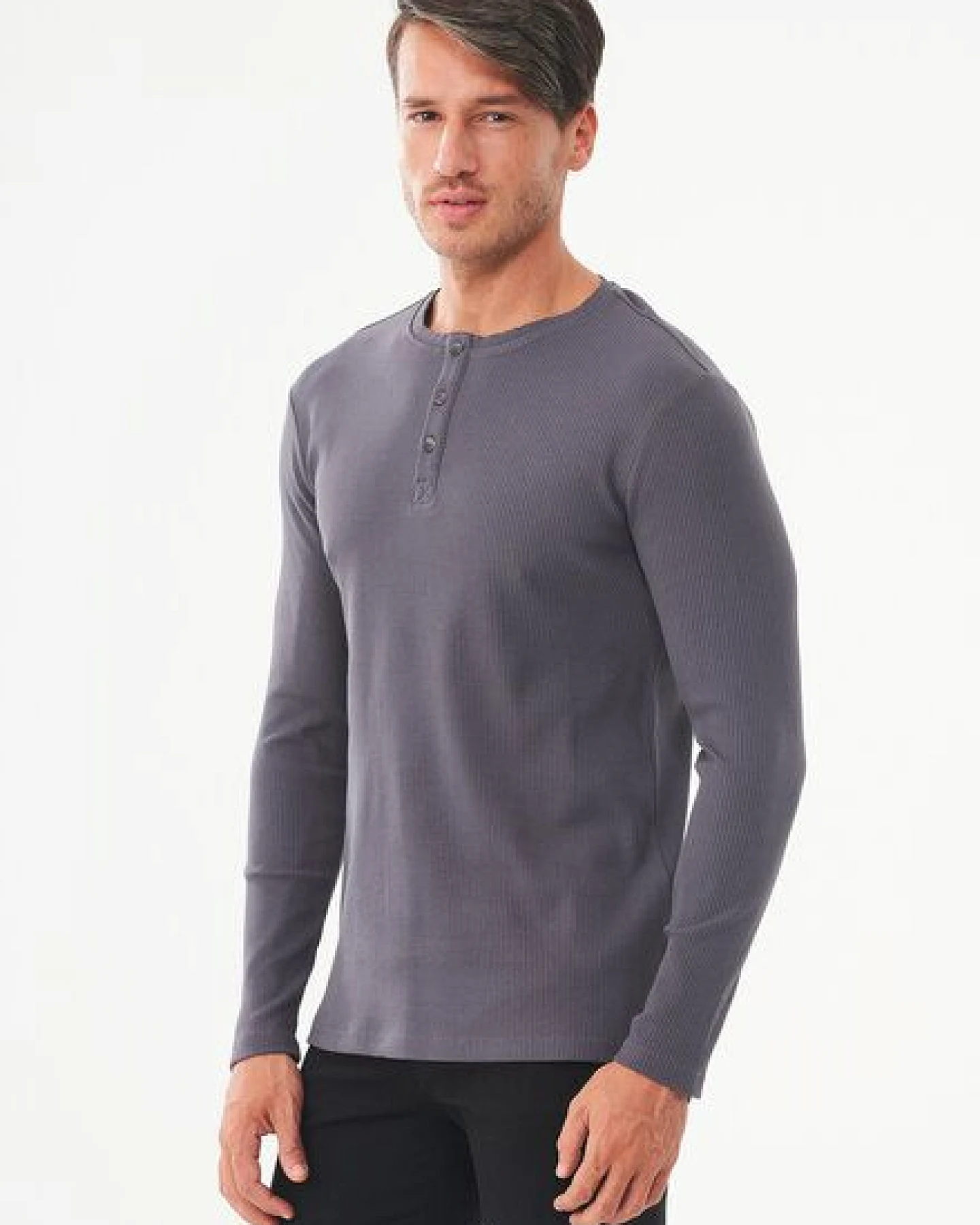 ORGANICATION Geripptes Henley Langarmshirt aus Bio-Baumwolle – Ansicht 3