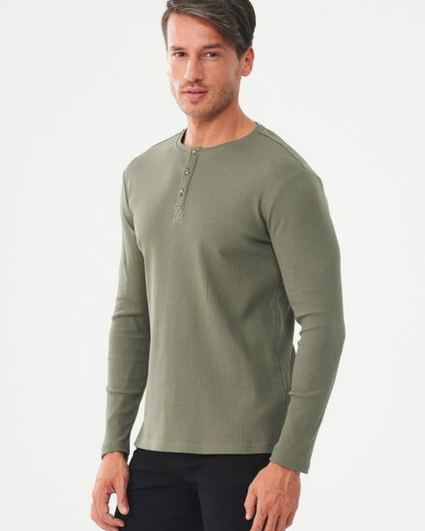ORGANICATION Geripptes Henley Langarmshirt aus Bio-Baumwolle – Ansicht 3