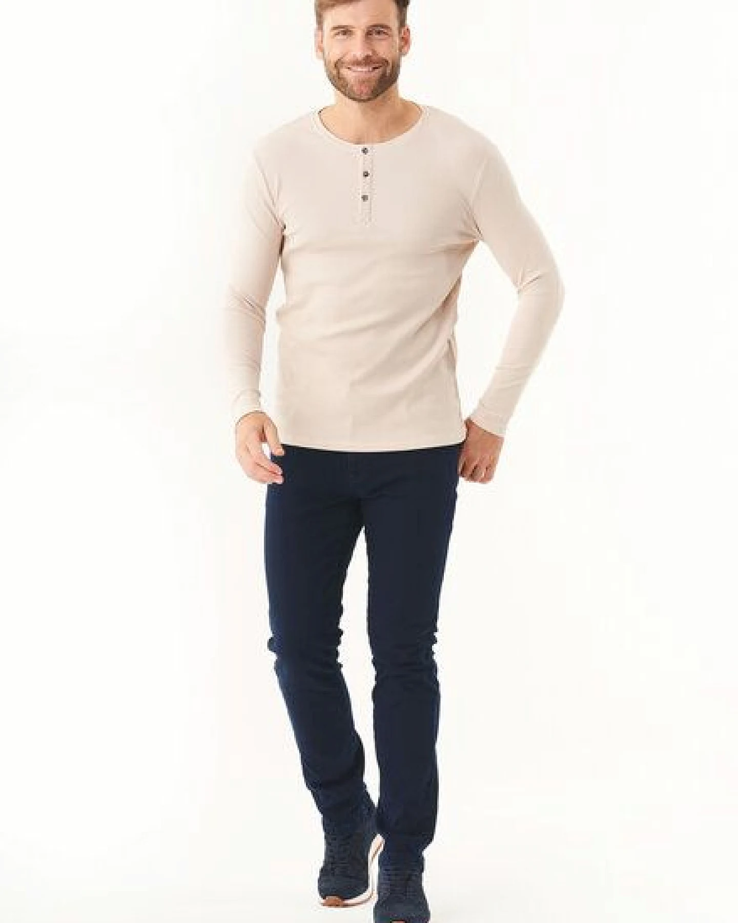 ORGANICATION Geripptes Henley Langarmshirt aus Bio-Baumwolle – Ansicht 2