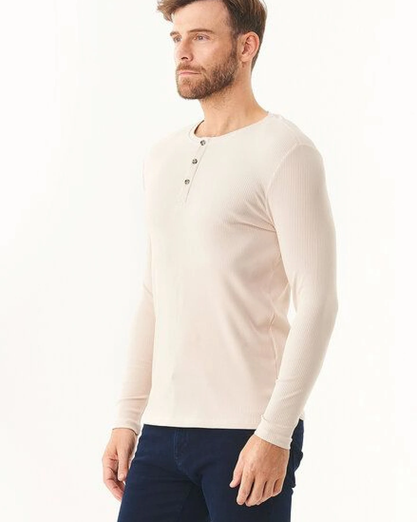 ORGANICATION Geripptes Henley Langarmshirt aus Bio-Baumwolle – Ansicht 3
