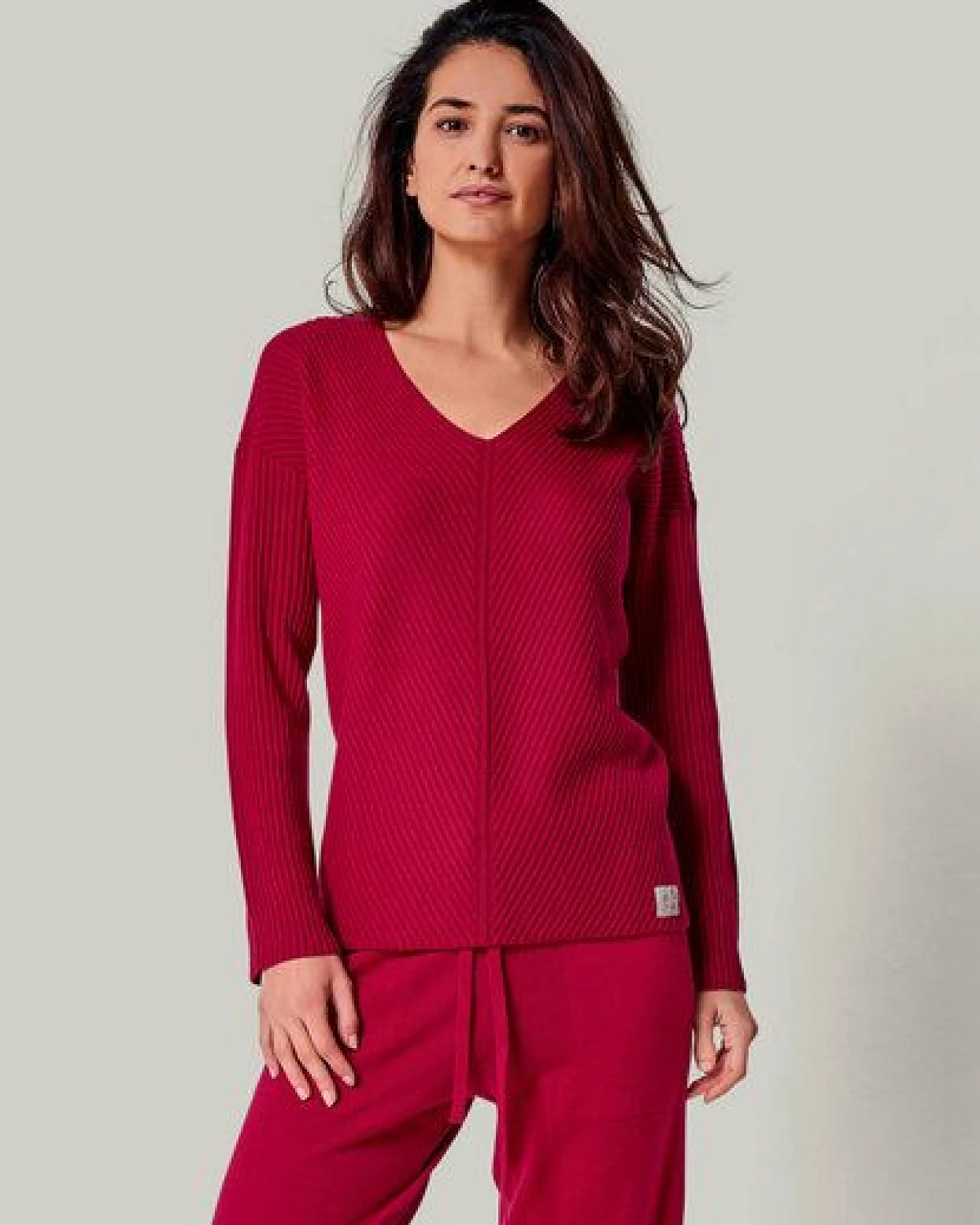 YOU LOOK PERFECT 100% Merino Rippen-Strickpullover mit V-Ausschnitt "Blossom" – Ansicht 2