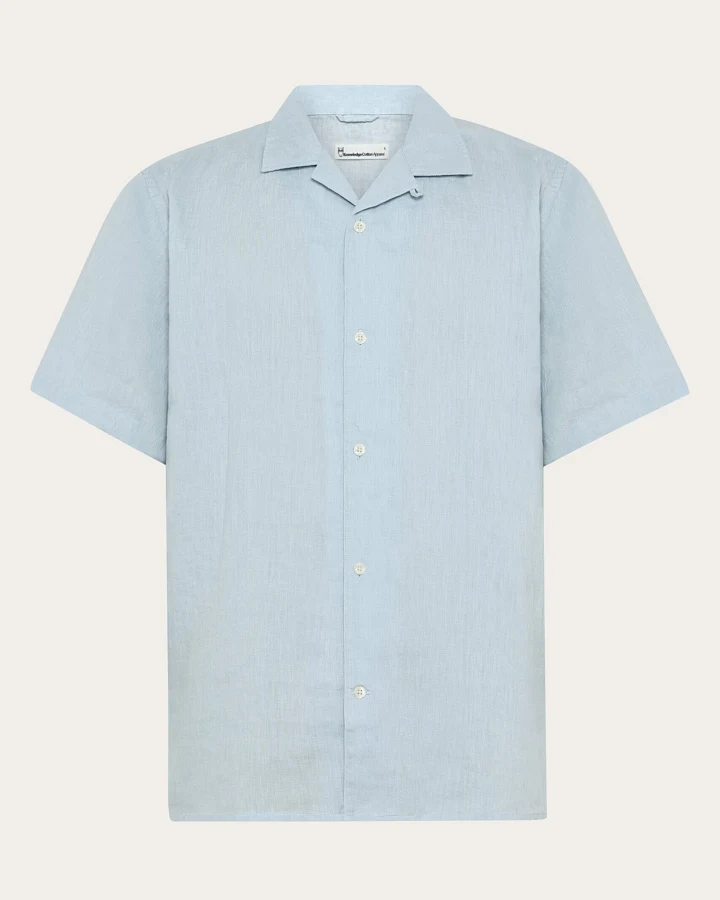 KnowledgeCotton Apparel Herren vegan Hemd Kurzärmlig Box Fit Skyway Blau