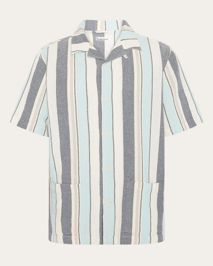 KnowledgeCotton Apparel Herren vegan Hemd Kurzarm Gestreift Blau