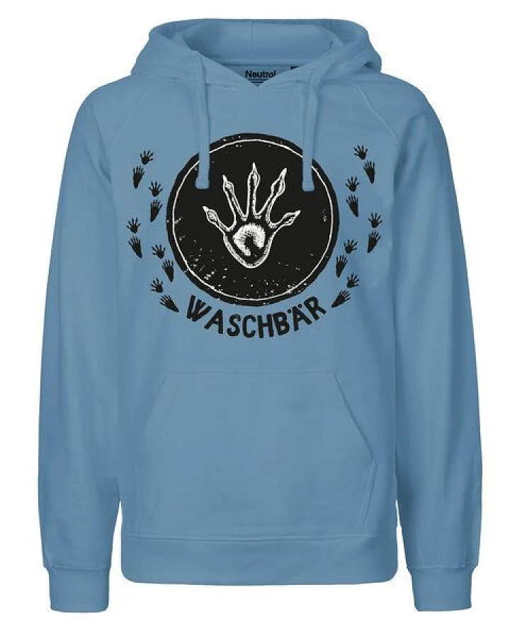 HANDGEDRUCKT "Trittsiegel Waschbär" Männer Hoody aus reiner Biobaumwolle (kbA)