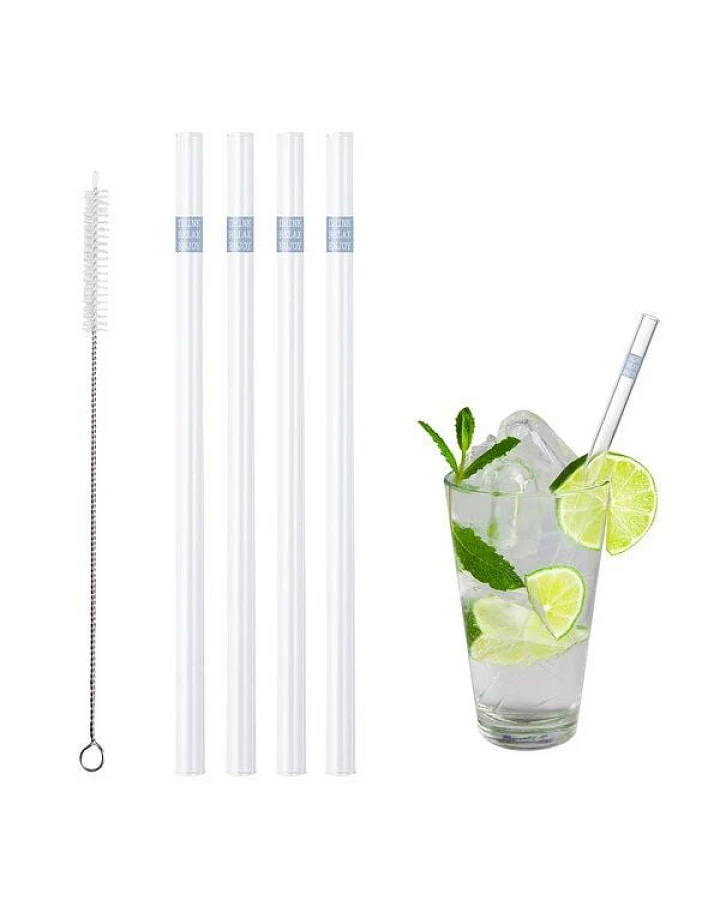 Contento Glastrinkhalm 21 cm lang, 4 Stück, "DRINK RELAX ENJOY", mit Bürste