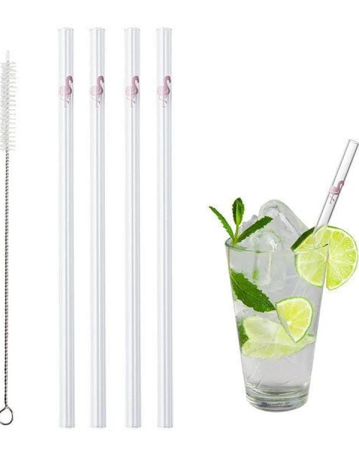 Contento Glastrinkhalm 21 cm lang, 4 Stück ,Flamingo, mit Bürste