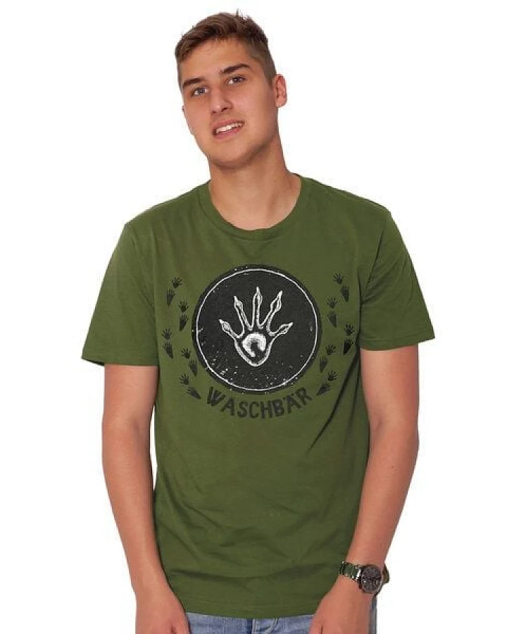 HANDGEDRUCKT "Trittsiegel Waschbär" Männer T-Shirt reine Biobaumwolle (kbA)