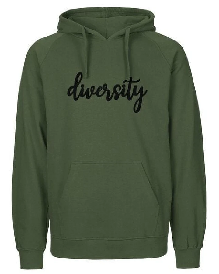 HANDGEDRUCKT "diversity" Herren Hoody aus reiner Biobaumwolle (kbA)