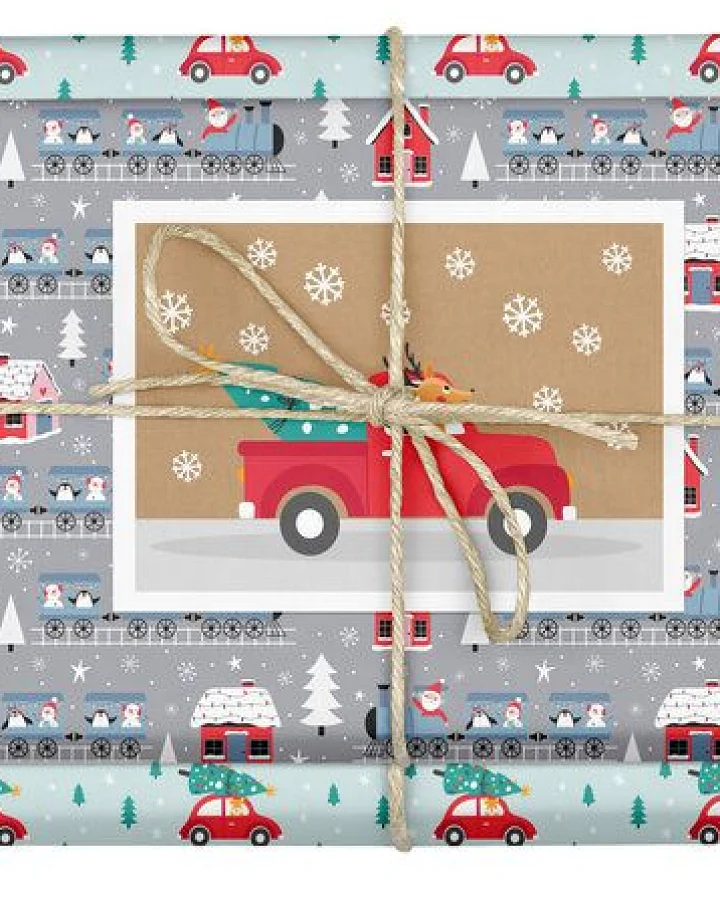 dabelino Geschenkpapier Set: Weihnachten "Zug und Auto": 4x Bögen + 1x Karte (für Kinder)
