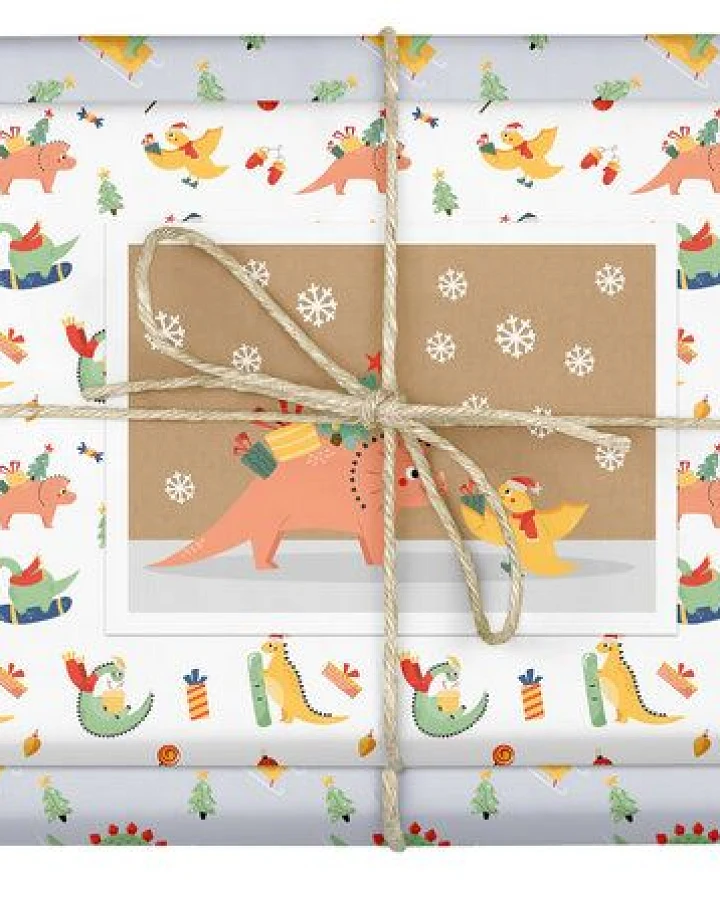 dabelino Geschenkpapier Set: Weihnachten "Dinosaurier": 4x Bögen + 1x Weihnachtskarte (für Kinder)