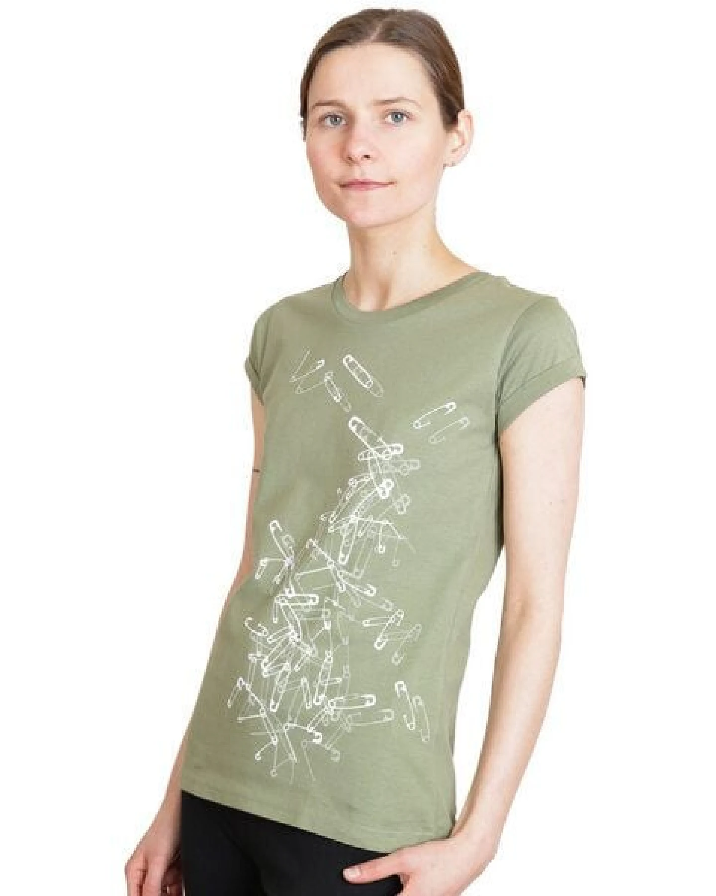 Spangeltangel Damen T-Shirt aus Bio-Baumwolle „Sicherheitsnadeln“ khaki – Ansicht 2