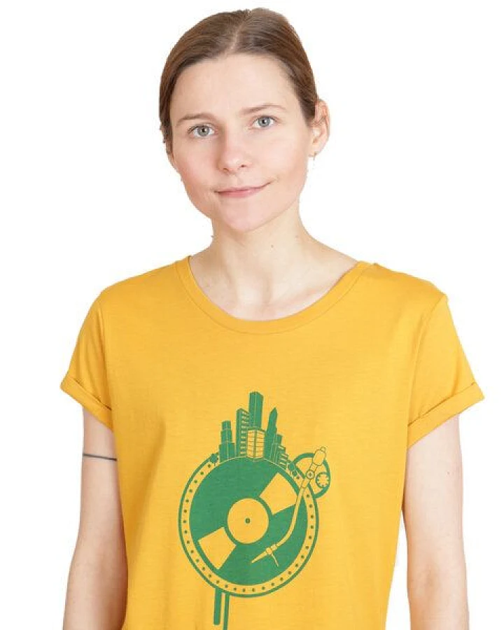 Spangeltangel Damenshirt "Weltscheibe", ocker, T-Shirt, Siebdruck
