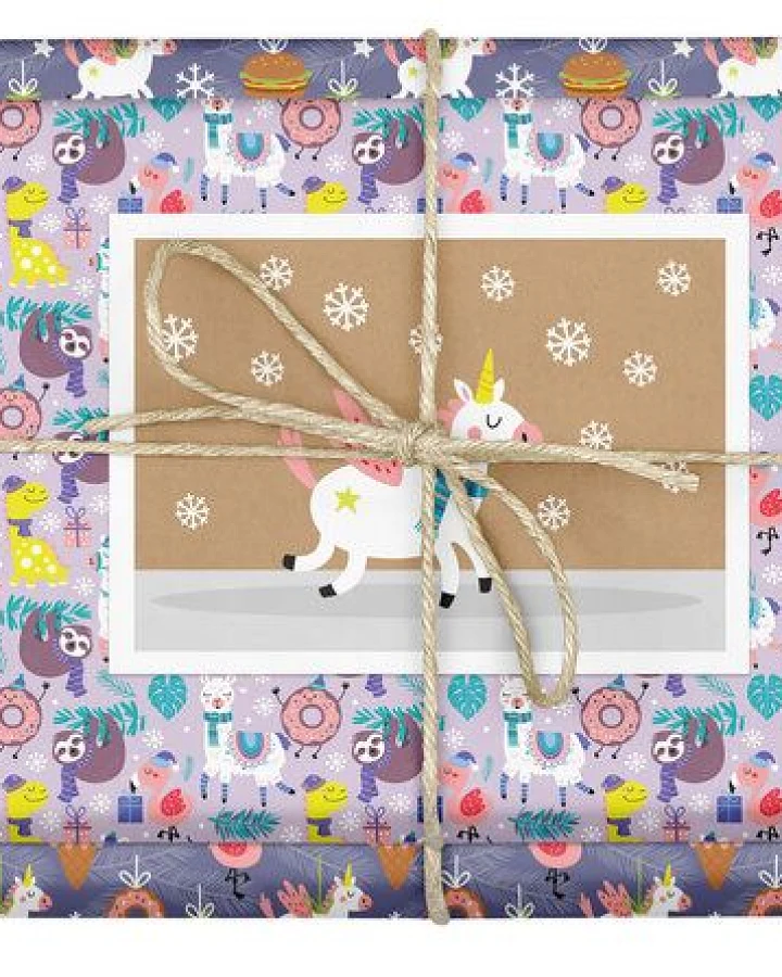 dabelino Geschenkpapier Set: Weihnachten "Einhorn/ Lama/ Faultier": 4x Bögen + 1x Weihnachtskarte (für Kinder)