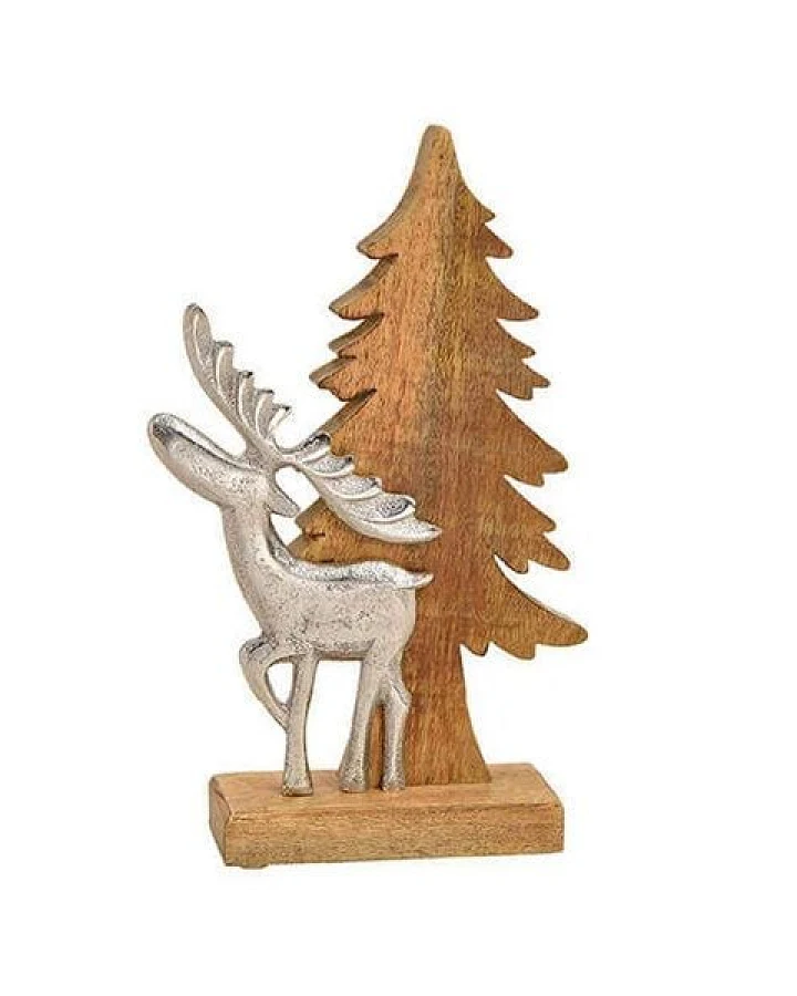 Mitienda Shop Tannenbaum mit Elch aus Holz und Metall Aufsteller, Weihnachtsdeko