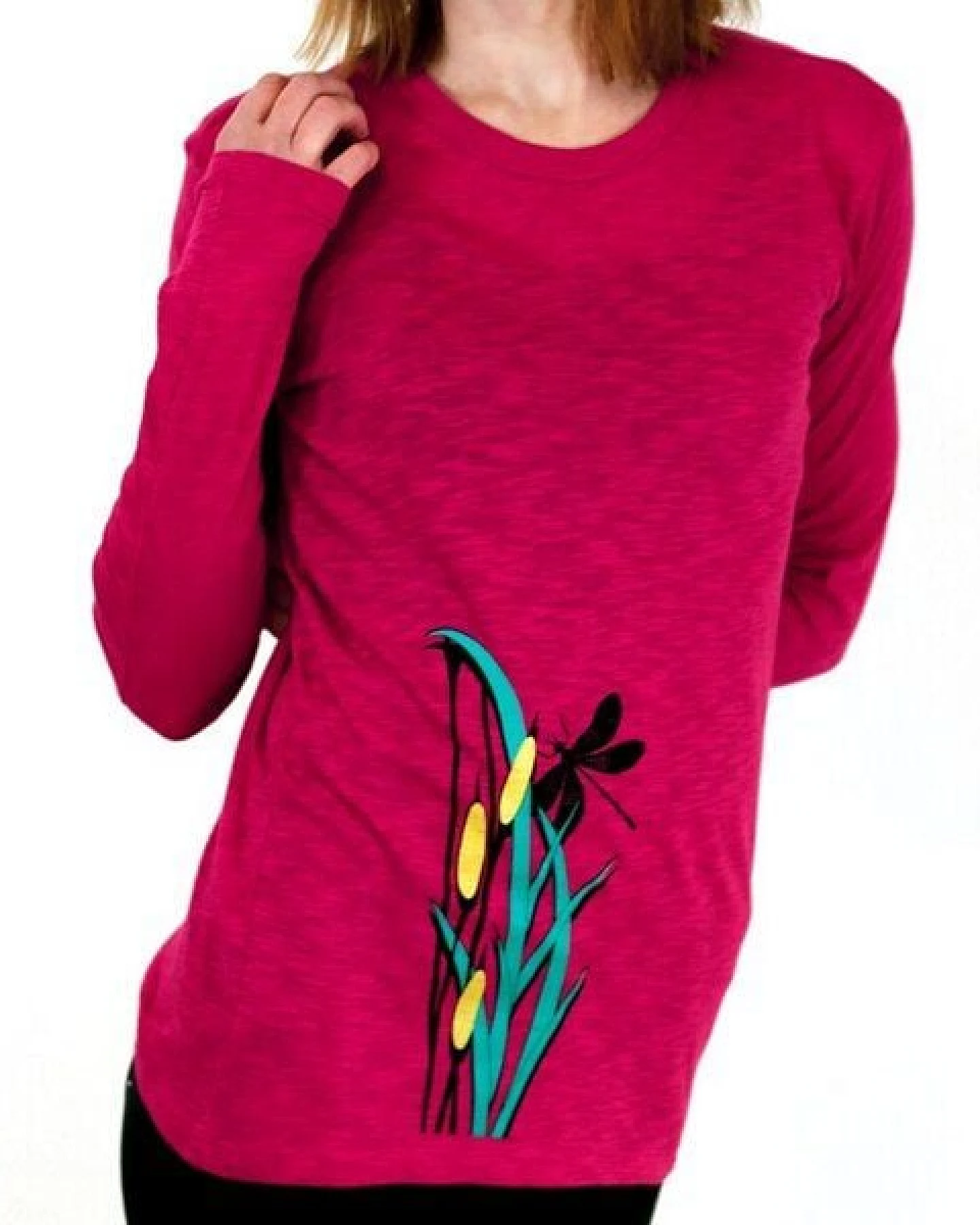 Spangeltangel Langarm Shirt "Libelle", pink, Damenshirt Siebdruck Frauenshirt bedruckt – Ansicht 2