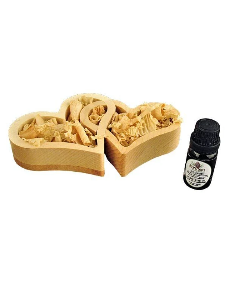 ReineNatur Zirbe Duo Herz-Set - Duo-Herzschale - 10ml Zirbenöl - 20g Rollenspäne