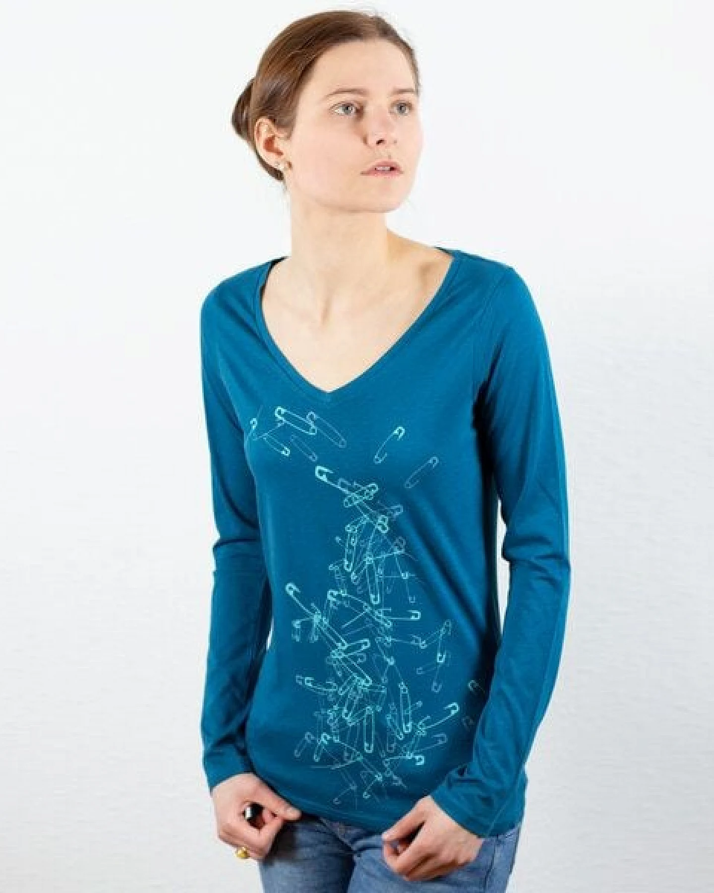 Spangeltangel Langarmshirt "Sicherheitsnadeln", Damenshirt, Siebdruck, Biobaumwolle – Ansicht 3