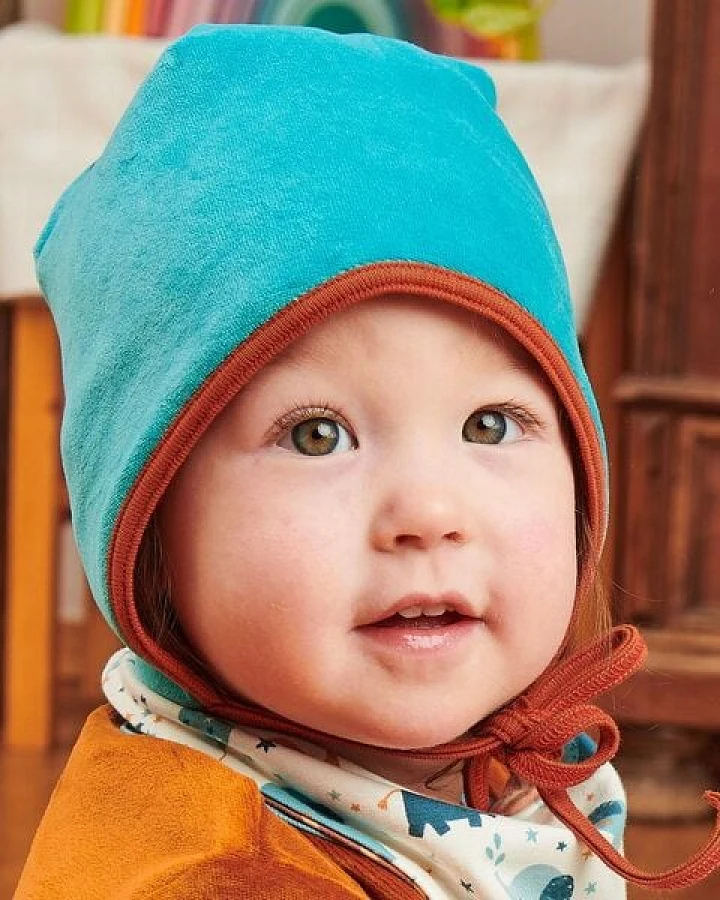 Cheeky Apple Gefüttertes Bio-Ohrenhäubchen "Nicki Pagoda Blue|Fleece Copper Meliert"