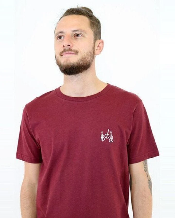 Spangeltangel T-Shirt "Musikinstrumente " in burgundrot, bedruckt, aus Bio-Baumwolle, Unisex