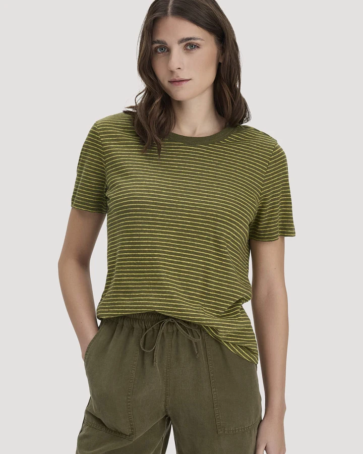 Produktseite: hessnatur Damen Streifen T-Shirt Relaxed aus Leinen mit Bio-Baumwolle - grün - Größe 34