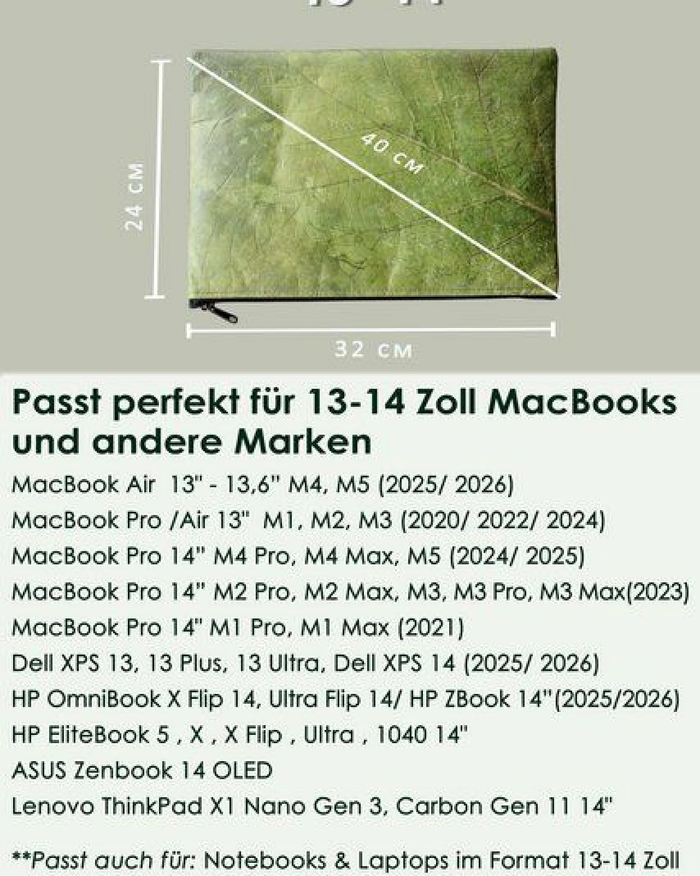 BY COPALA Gefütterte nachhaltige Laptop Hülle 13–14 Zoll aus Blattleder – Handgenähte vegane Laptoptasche, wasserabweisendes Laptop Case, Unikat für MacBook Air & Pro in grün – Ansicht 2