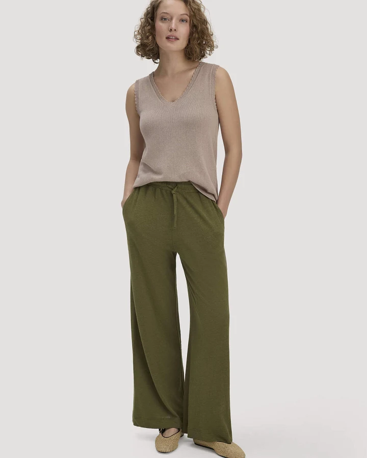 hessnatur Damen Jersey Hose Wide Leg Relaxed aus Leinen und Bio-Baumwolle - grün - Größe 34