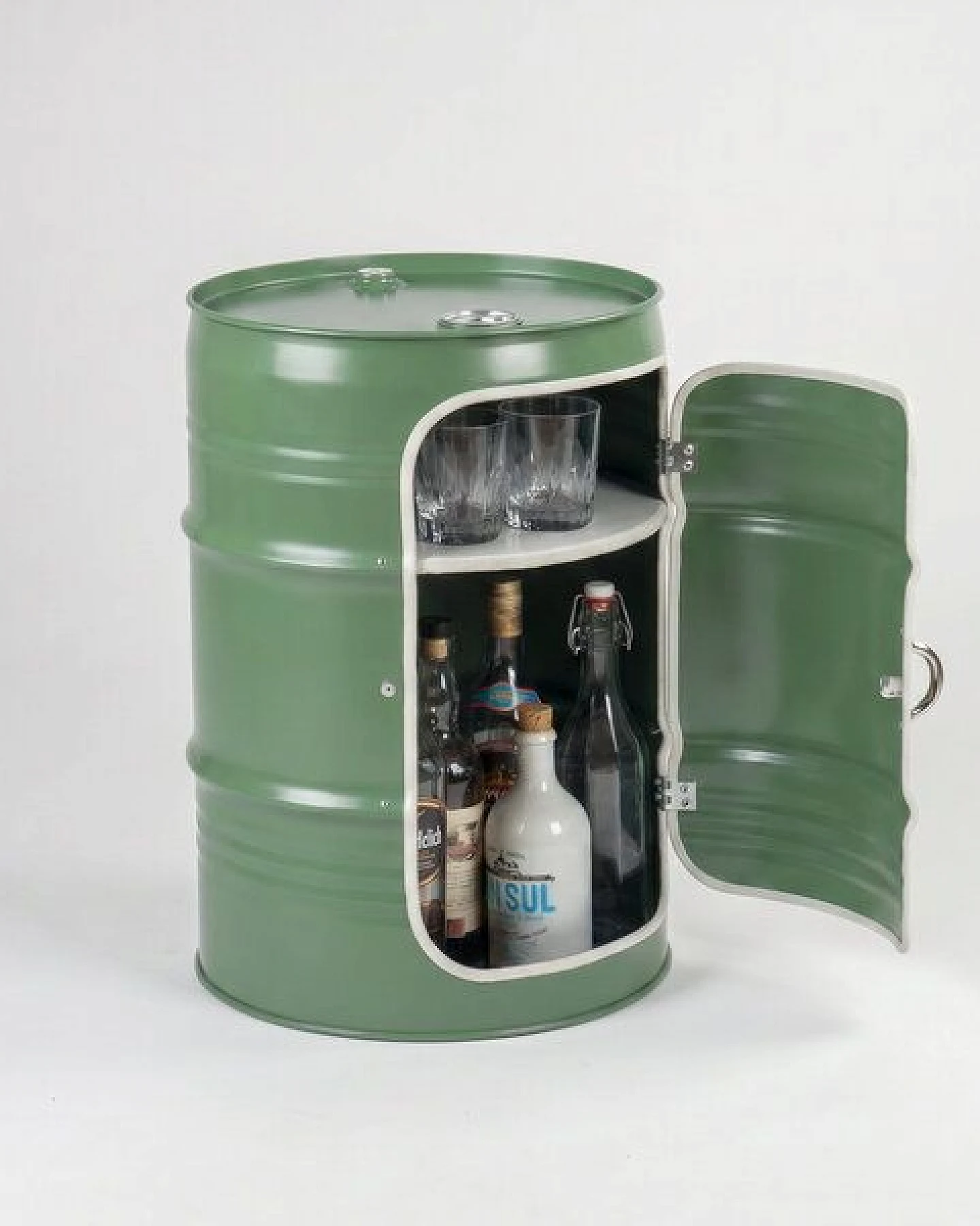 Lockengelöt Minibar mit Tür aus einem kleinen Ölfass Hamburger Ölfass, made in Hamburg. – Ansicht 3