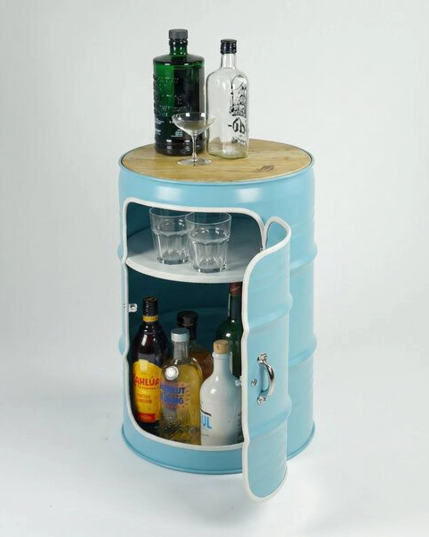 Lockengelöt Minibar mit Tür aus einem kleinen Ölfass Hamburger Ölfass, made in Hamburg. – Ansicht 3