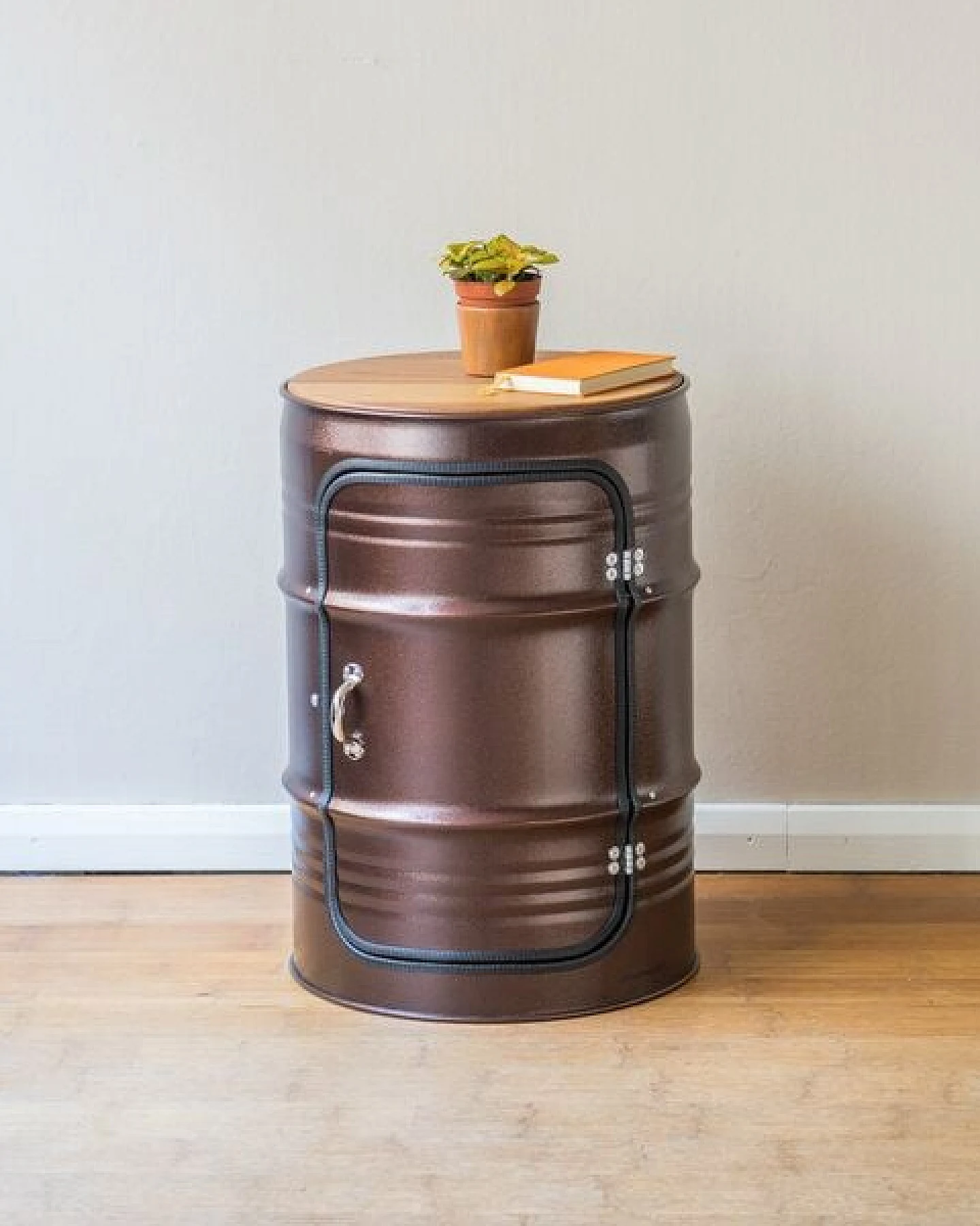 Lockengelöt Minibar mit Tür aus einem kleinen Ölfass Hamburger Ölfass, made in Hamburg. – Ansicht 3