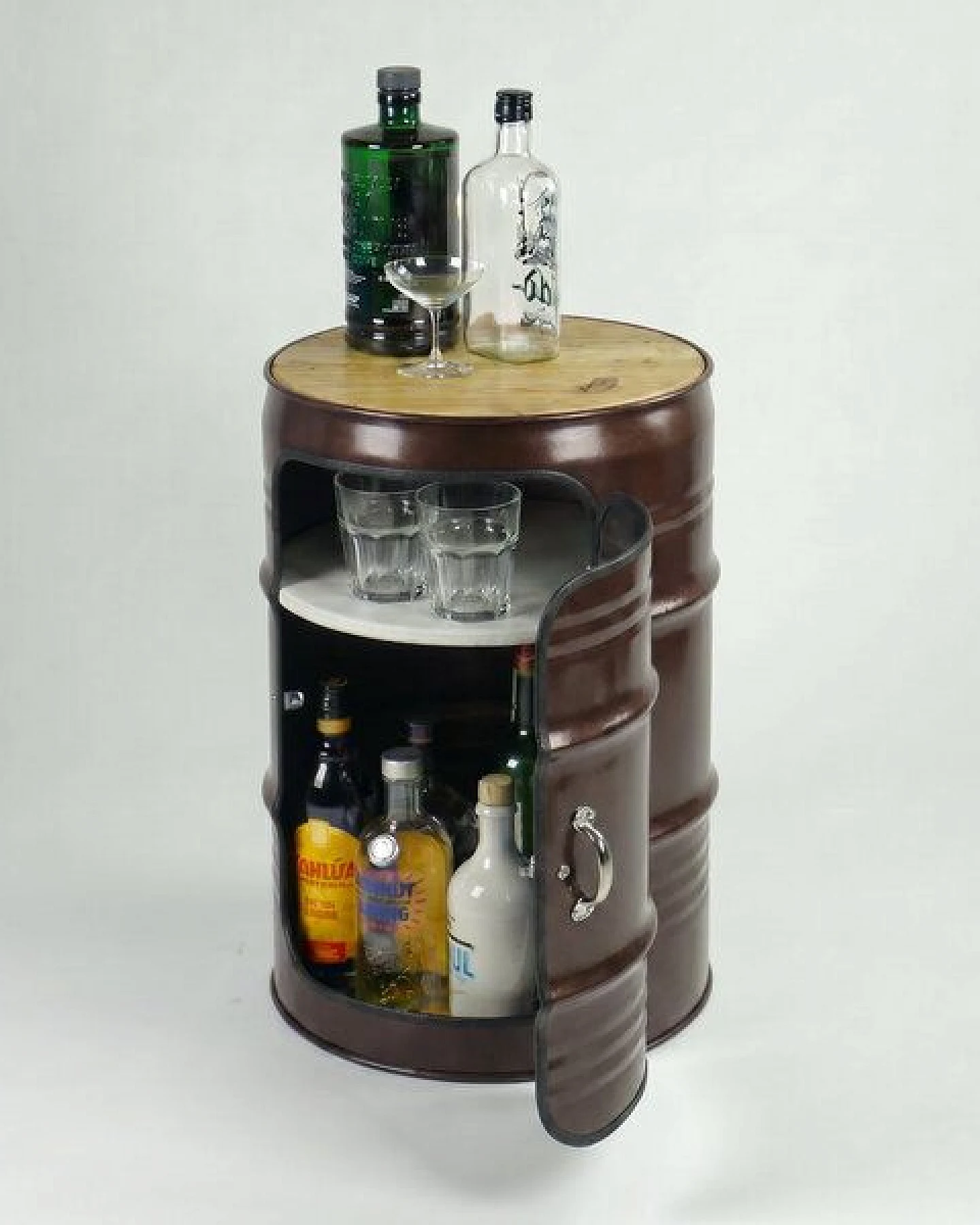 Lockengelöt Minibar mit Tür aus einem kleinen Ölfass Hamburger Ölfass, made in Hamburg. – Ansicht 2