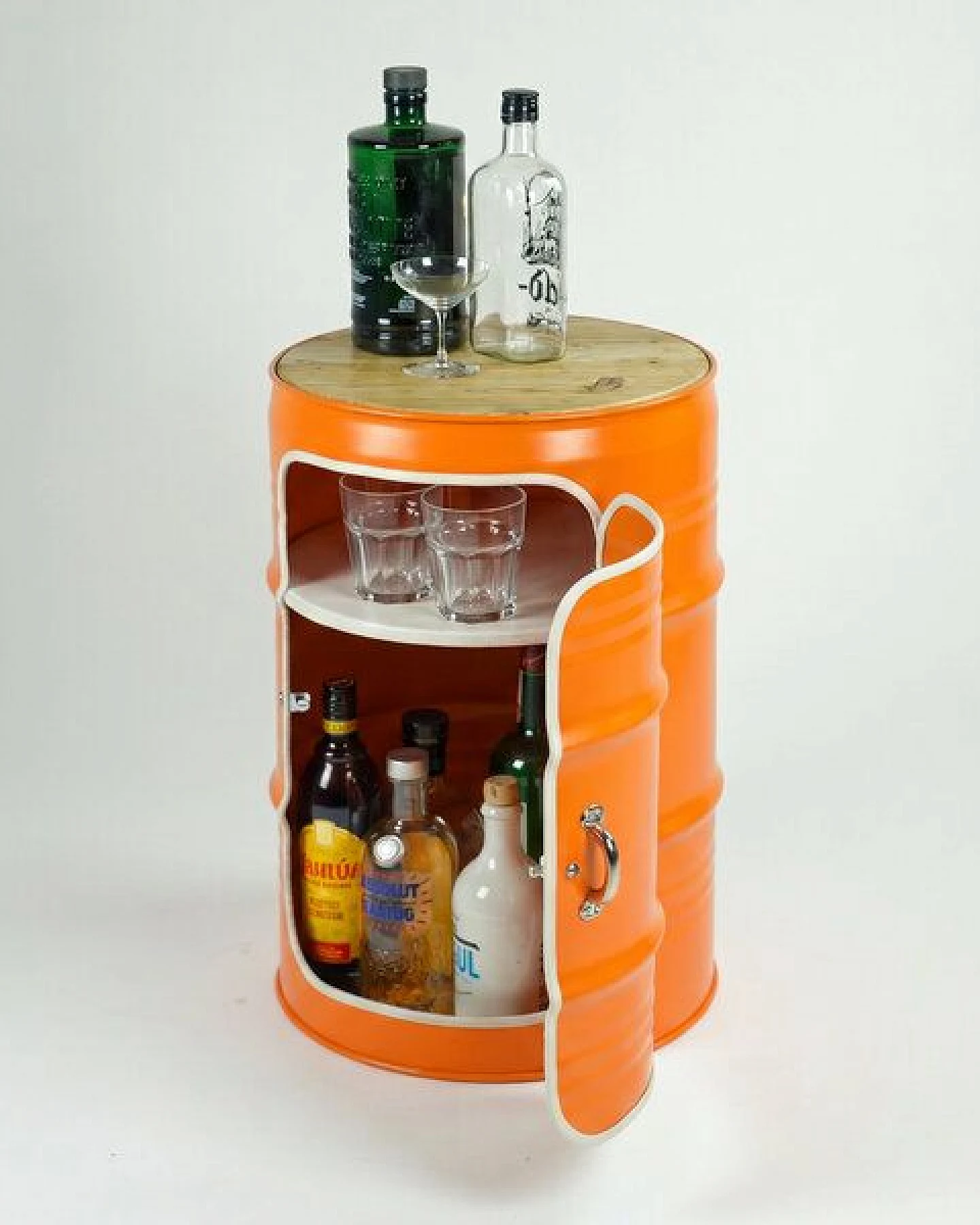Lockengelöt Minibar mit Tür aus einem kleinen Ölfass Hamburger Ölfass, made in Hamburg. – Ansicht 3