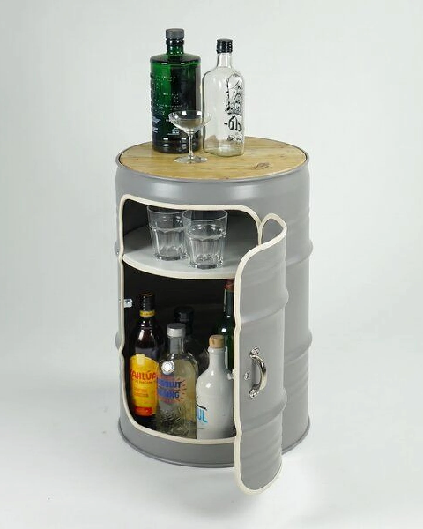 Lockengelöt Minibar mit Tür aus einem kleinen Ölfass Hamburger Ölfass, made in Hamburg. – Ansicht 3