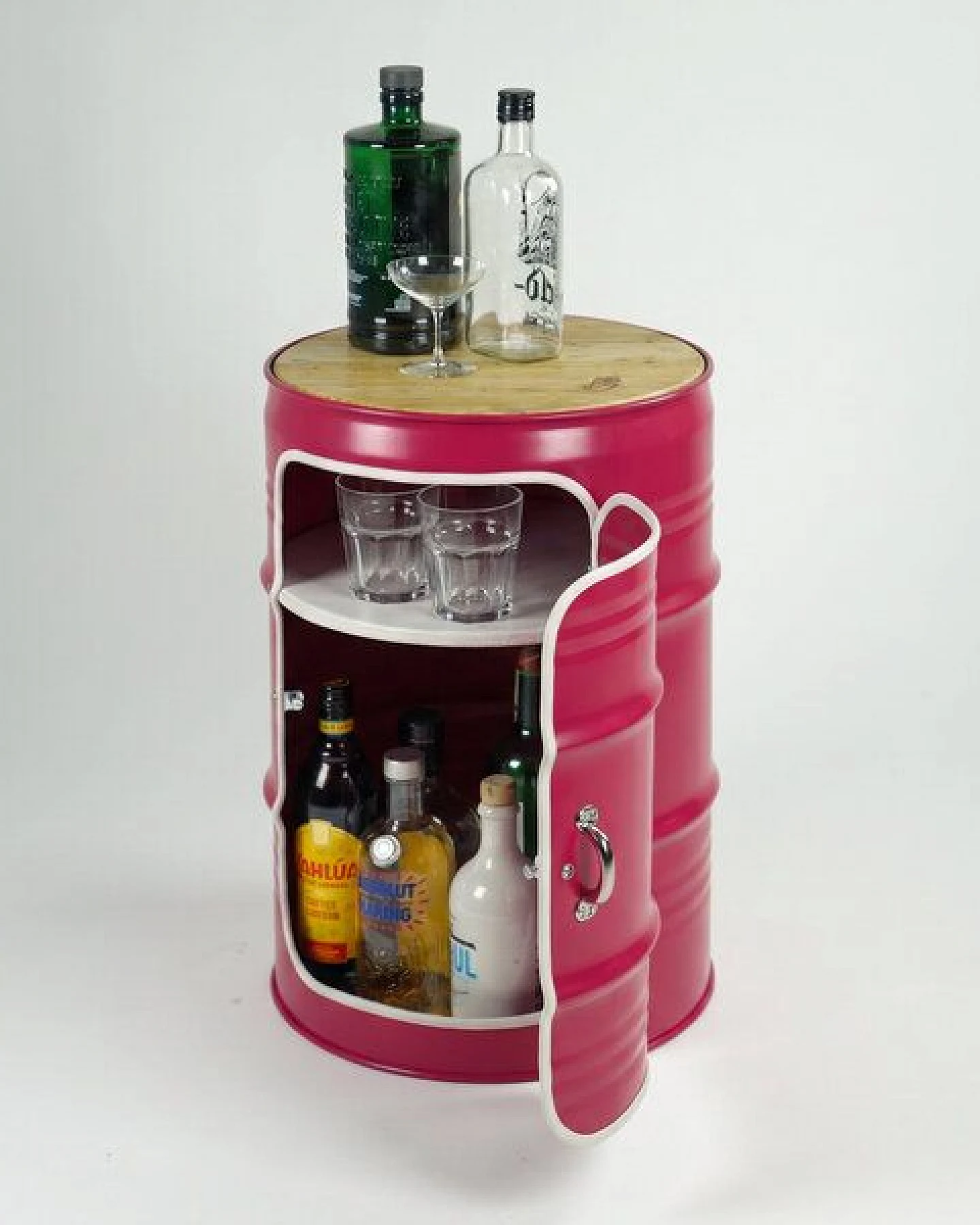 Lockengelöt Minibar mit Tür aus einem kleinen Ölfass Hamburger Ölfass, made in Hamburg. – Ansicht 3