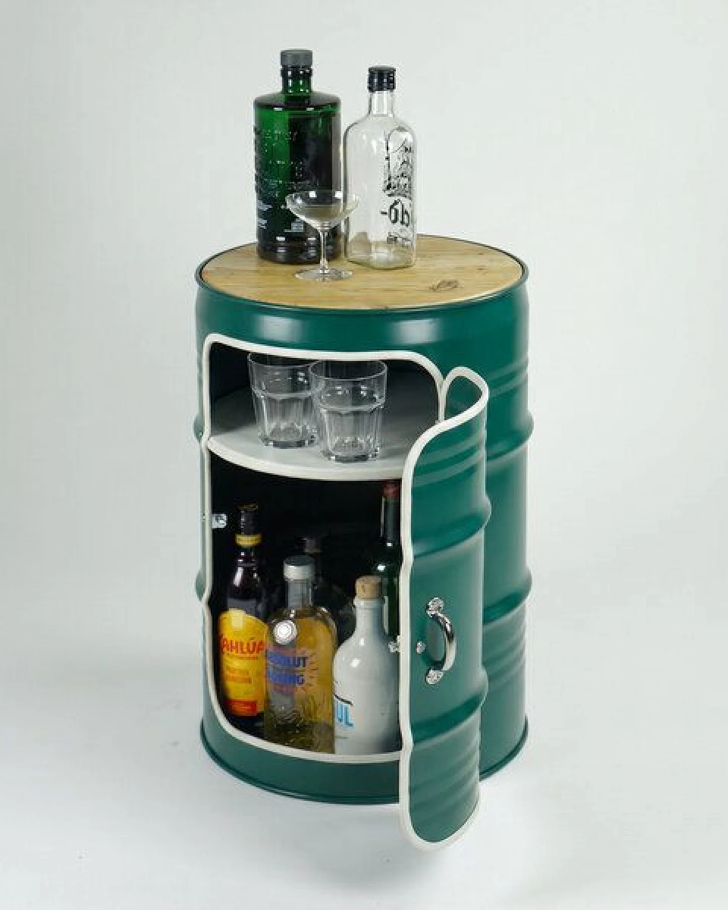 Lockengelöt Minibar mit Tür aus einem kleinen Ölfass Hamburger Ölfass, made in Hamburg. – Ansicht 3