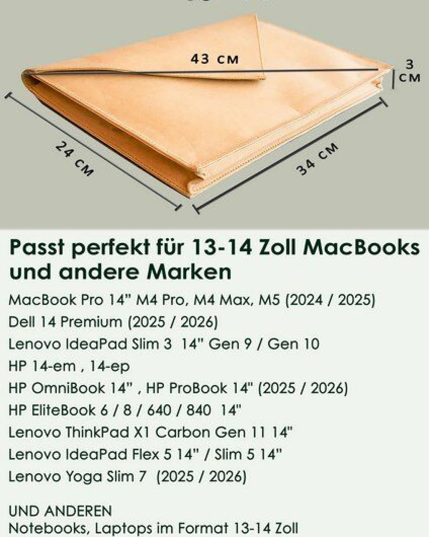 BY COPALA Nachhaltige Laptoptasche 13–14 Zoll aus waschbarem Kraftpapier – MacBook Hülle, handgemacht mit Magnetverschluss, Vegan Leder – Ansicht 2