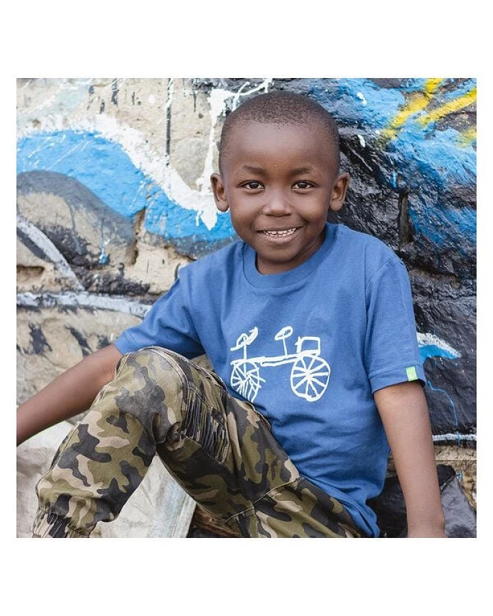 Kipepeo-Clothing Kinder T-Shirt aus Bio-Baumwolle BAISIKELI Fahrrad Blau. Made in Kenya