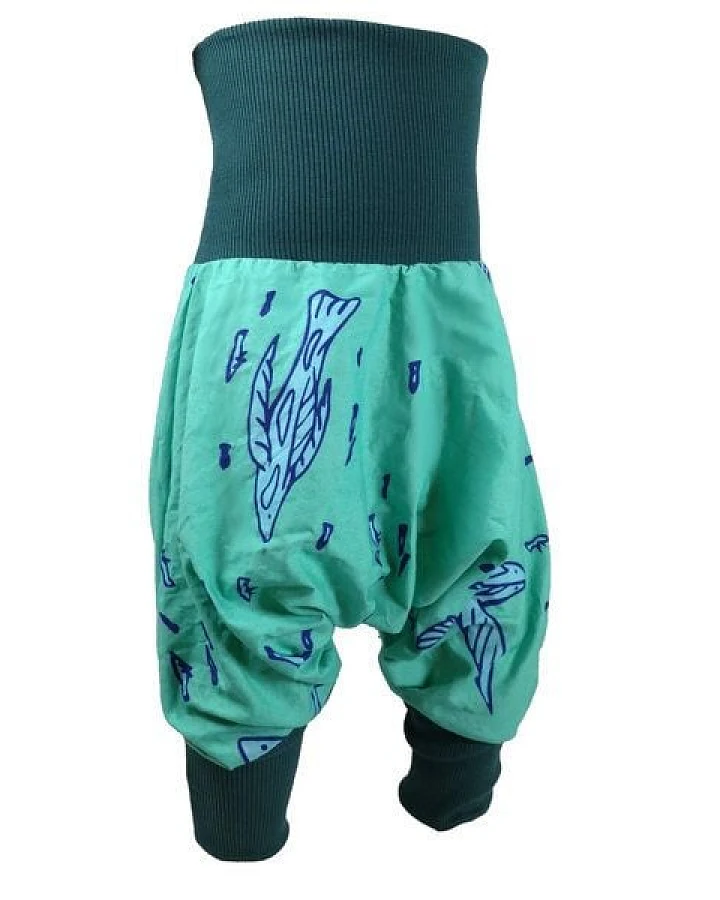 liebewicht Yogahose weite Hose für Kinder "Fliegende Fische" türkis aus Biobaumwolle Gr.56-116