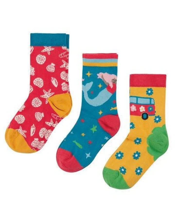 Frugi Socken Dreierpack mit Muscheln, Seesternen und Seejungfrau