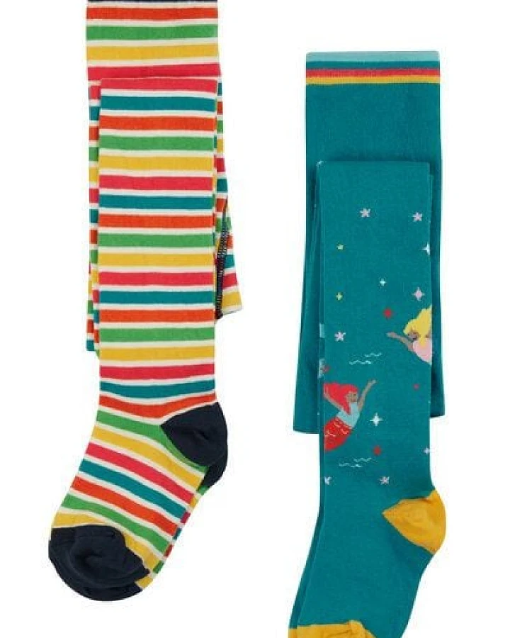 Frugi Strumpfhosen in Zweierpack mit Seejungfrauen und Streifen
